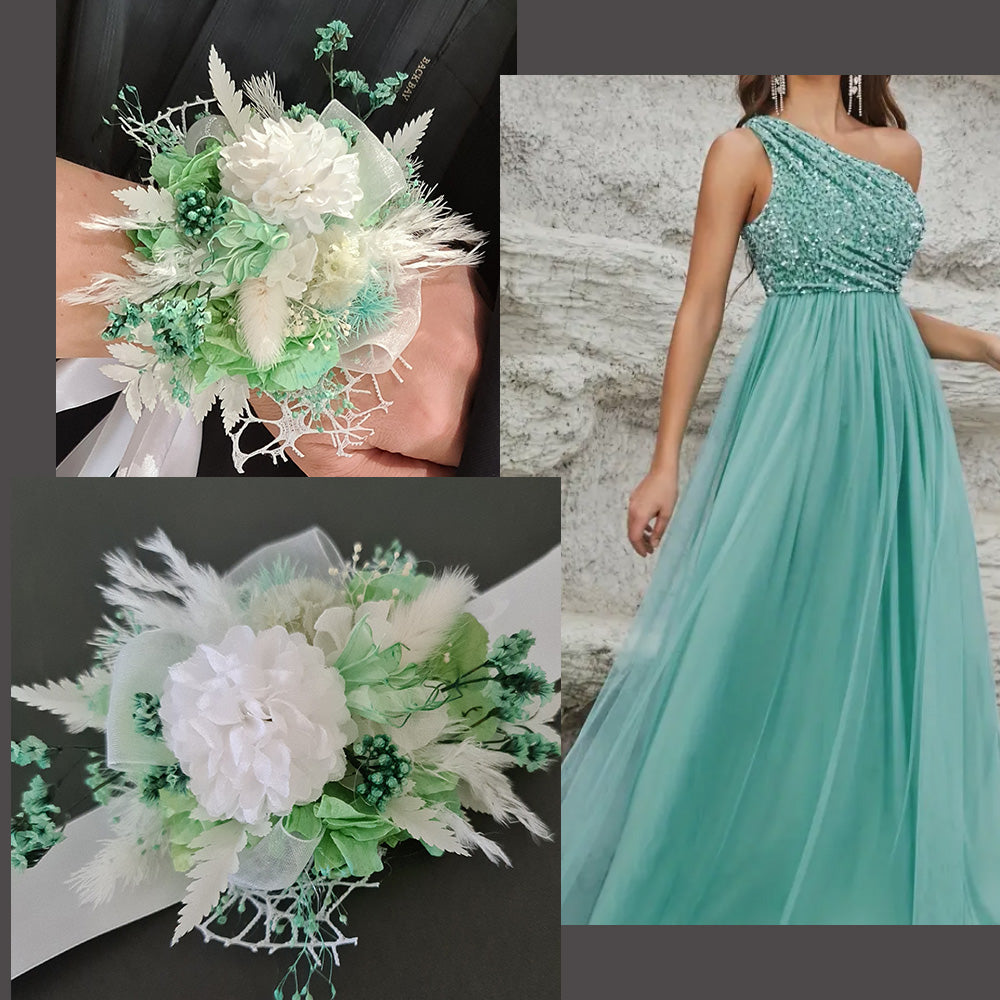green emerald velvet dress Corsage and Boutonniere Set White & Sage Green