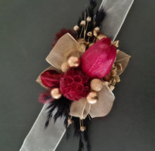 Load image into Gallery viewer, Everlasting flowers corsage w burgundy tulip, black & gold - school formal, wedding