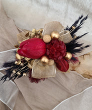 Load image into Gallery viewer, Everlasting flowers corsage w burgundy tulip, black & gold - school formal, wedding