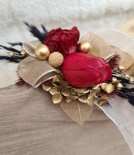 Load image into Gallery viewer, Everlasting flowers corsage w burgundy tulip, black & gold - school formal, wedding