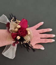 Load image into Gallery viewer, Everlasting flowers corsage w burgundy tulip, black & gold - school formal, wedding