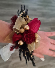 Load image into Gallery viewer, Everlasting flowers corsage w burgundy tulip, black & gold - school formal, wedding