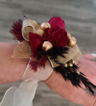 Load image into Gallery viewer, Everlasting flowers corsage w burgundy tulip, black & gold - school formal, wedding