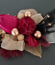 Load image into Gallery viewer, Everlasting flowers corsage w burgundy tulip, black & gold - school formal, wedding