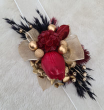 Load image into Gallery viewer, Everlasting flowers corsage w burgundy tulip, black & gold - school formal, wedding