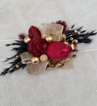 Load image into Gallery viewer, Everlasting flowers corsage w burgundy tulip, black & gold - school formal, wedding