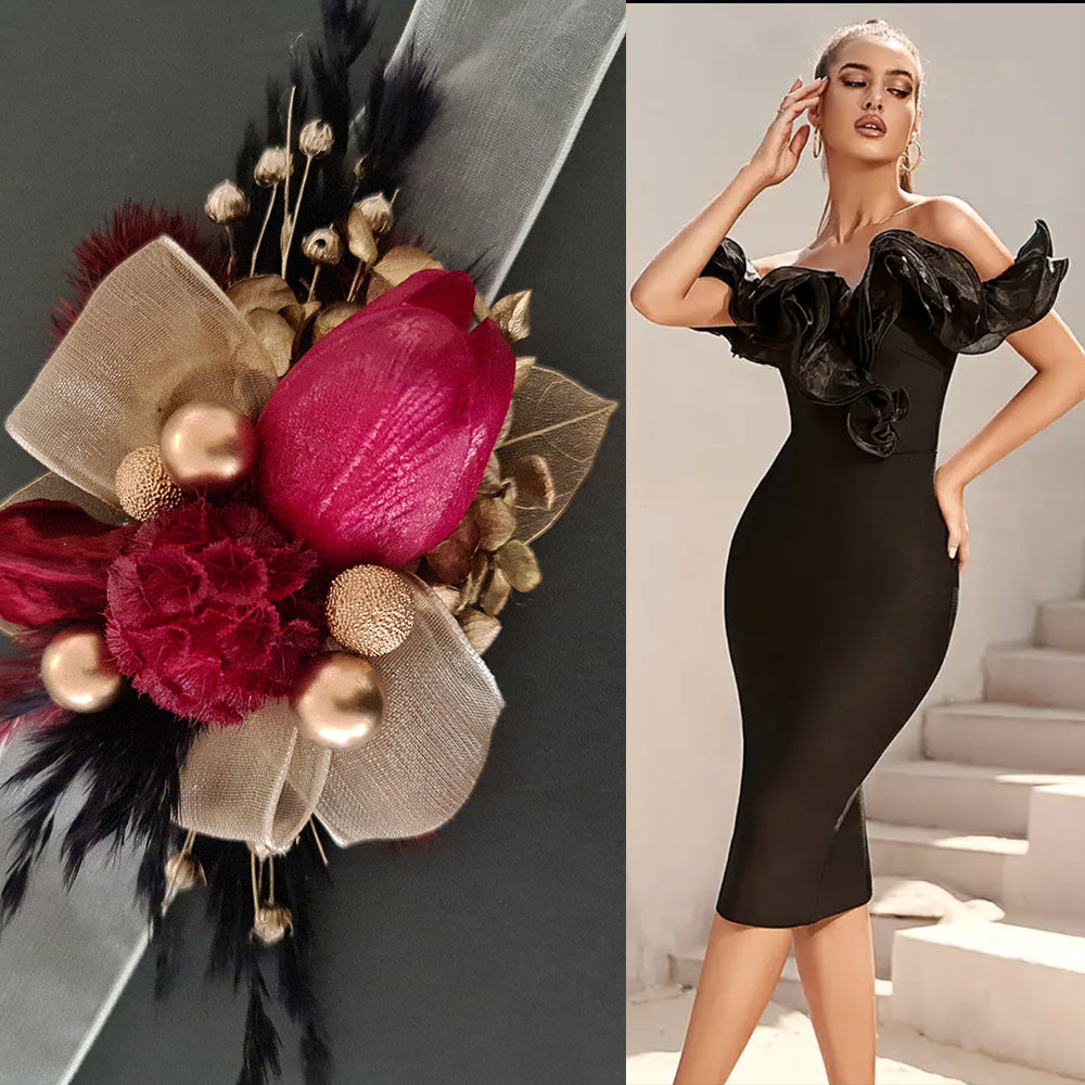 Everlasting flowers corsage w burgundy tulip, black & gold