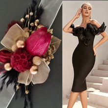 Load image into Gallery viewer, Everlasting flowers corsage w burgundy tulip, black & gold - school formal, wedding