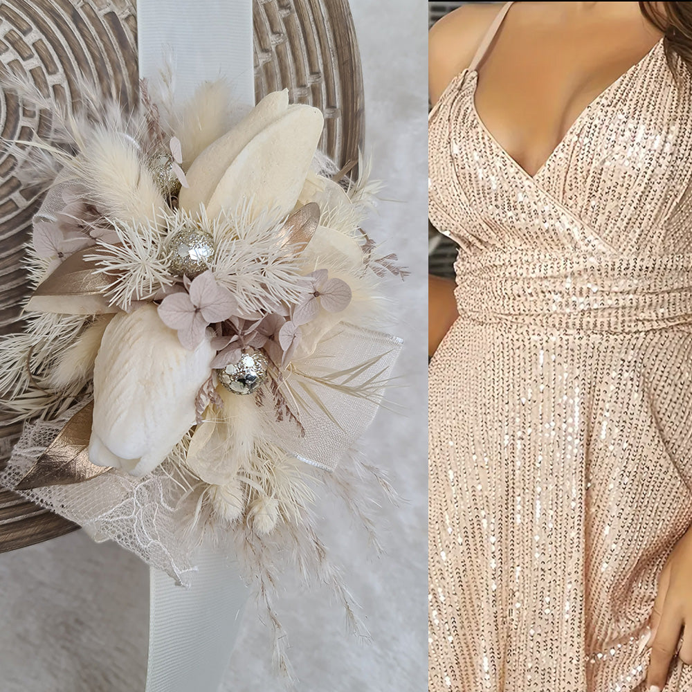 Everlasting flowers nude & champagne corsage w tulip - School form Amazing Blooms AU Everlasting flowers nude & champagne corsage w tulip - School form Amazing Blooms AU