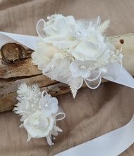 Load image into Gallery viewer, Everlasting flowers white corsage & buttonhole w pearl flowers - School formal / Wedding
