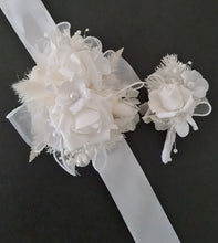 Load image into Gallery viewer, Everlasting flowers white corsage & buttonhole w pearl flowers - School formal / Wedding