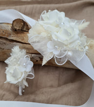 Load image into Gallery viewer, Everlasting flowers white corsage & buttonhole w pearl flowers - School formal / Wedding