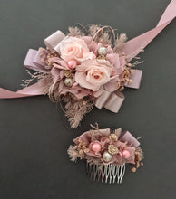 Load image into Gallery viewer, Preserved flowers dusty blush mauve corsage & hair comb - School Formal / Wedding