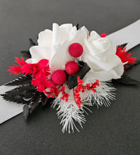 Load image into Gallery viewer, Everlasting flowers white, red, black corsage - School formal / Wedding