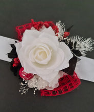 Load image into Gallery viewer, Everlasting flowers red, white, black corsage - School formal / Wedding