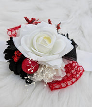 Load image into Gallery viewer, Everlasting flowers red, white, black corsage - School formal / Wedding