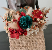 Load image into Gallery viewer, Preserved rustic style orange & green pocket flowers w hessian