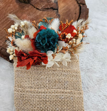 Load image into Gallery viewer, Preserved rustic style orange & green pocket flowers w hessian