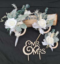 Load image into Gallery viewer, Everlasting flowers - triple cake toppers / rings - neutral & green incl Mr & Mrs sign