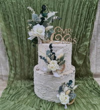 Load image into Gallery viewer, Everlasting flowers - triple cake toppers / rings - neutral & green incl Mr & Mrs sign