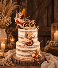 Load image into Gallery viewer, Preserved flowers - triple cake toppers / rings - rustic orange incl Mr & Mrs sign