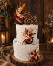 Load image into Gallery viewer, Preserved flowers - triple cake toppers / rings - rustic orange incl Mr & Mrs sign