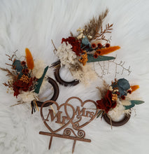 Load image into Gallery viewer, Preserved flowers - triple cake toppers / rings - rustic orange & green incl Mr & Mrs sign