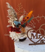 Load image into Gallery viewer, Preserved flowers - triple cake toppers / rings - rustic orange & green incl Mr & Mrs sign