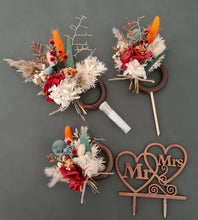 Load image into Gallery viewer, Preserved flowers - triple cake toppers / rings - rustic orange & green incl Mr & Mrs sign