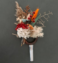 Load image into Gallery viewer, Preserved flowers - triple cake toppers / rings - rustic orange & green incl Mr & Mrs sign