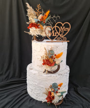 Load image into Gallery viewer, Preserved flowers - triple cake toppers / rings - rustic orange & green incl Mr & Mrs sign
