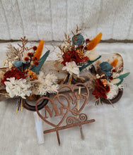 Load image into Gallery viewer, Preserved flowers - triple cake toppers / rings - rustic orange & green incl Mr & Mrs sign