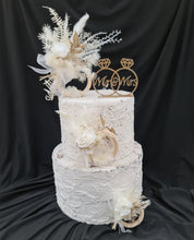 Load image into Gallery viewer, Preserved flowers - triple cake toppers / rings - White & gold w roses incl Mr & Mrs sign
