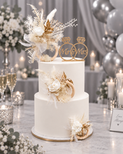 Load image into Gallery viewer, Preserved flowers - triple cake toppers / rings - White & gold w roses incl Mr & Mrs sign