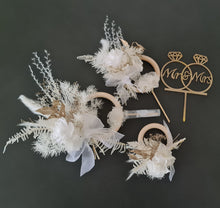 Load image into Gallery viewer, Preserved flowers - triple cake toppers / rings - White & gold w roses incl Mr & Mrs sign