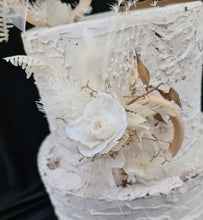 Load image into Gallery viewer, Preserved flowers - triple cake toppers / rings - White & gold w roses incl Mr & Mrs sign