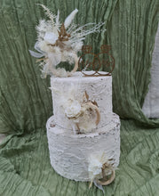 Load image into Gallery viewer, Preserved flowers - triple cake toppers / rings - White & gold w roses incl Mr & Mrs sign