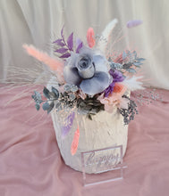 Load image into Gallery viewer, Happy Birthday Preserved flowers cake topper in grey, pink & purple