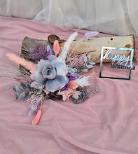 Load image into Gallery viewer, Happy Birthday Preserved flowers cake topper in grey, pink & purple