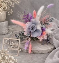 Load image into Gallery viewer, Happy Birthday Preserved flowers cake topper in grey, pink & purple