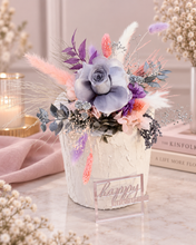 Load image into Gallery viewer, Happy Birthday Preserved flowers cake topper in grey, pink & purple