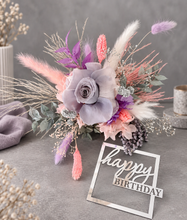 Load image into Gallery viewer, Happy Birthday Preserved flowers cake topper in grey, pink & purple