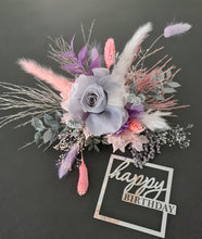 Load image into Gallery viewer, Happy Birthday Preserved flowers cake topper in grey, pink & purple