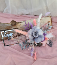 Load image into Gallery viewer, Happy Birthday Preserved flowers cake topper in grey, pink & purple