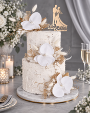 Load image into Gallery viewer, Everlasting flowers - white orchid triple cake toppers / white & gold incl Mr & Mrs sign
