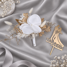 Load image into Gallery viewer, Everlasting flowers - white orchid triple cake toppers / white & gold incl Mr & Mrs sign