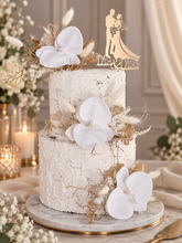 Load image into Gallery viewer, Everlasting flowers - white orchid triple cake toppers / white & gold incl Mr & Mrs sign