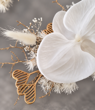 Load image into Gallery viewer, Everlasting flowers - white orchid triple cake toppers / white & gold incl Mr & Mrs sign