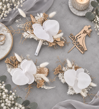 Load image into Gallery viewer, Everlasting flowers - white orchid triple cake toppers / white & gold incl Mr & Mrs sign