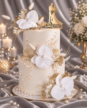 Load image into Gallery viewer, Everlasting flowers - white orchid triple cake toppers / white & gold incl Mr & Mrs sign